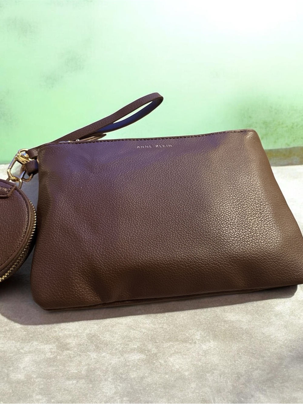 Anne Klein Chocolate Brown Pebble  Faux Leather Wristlet Clutch